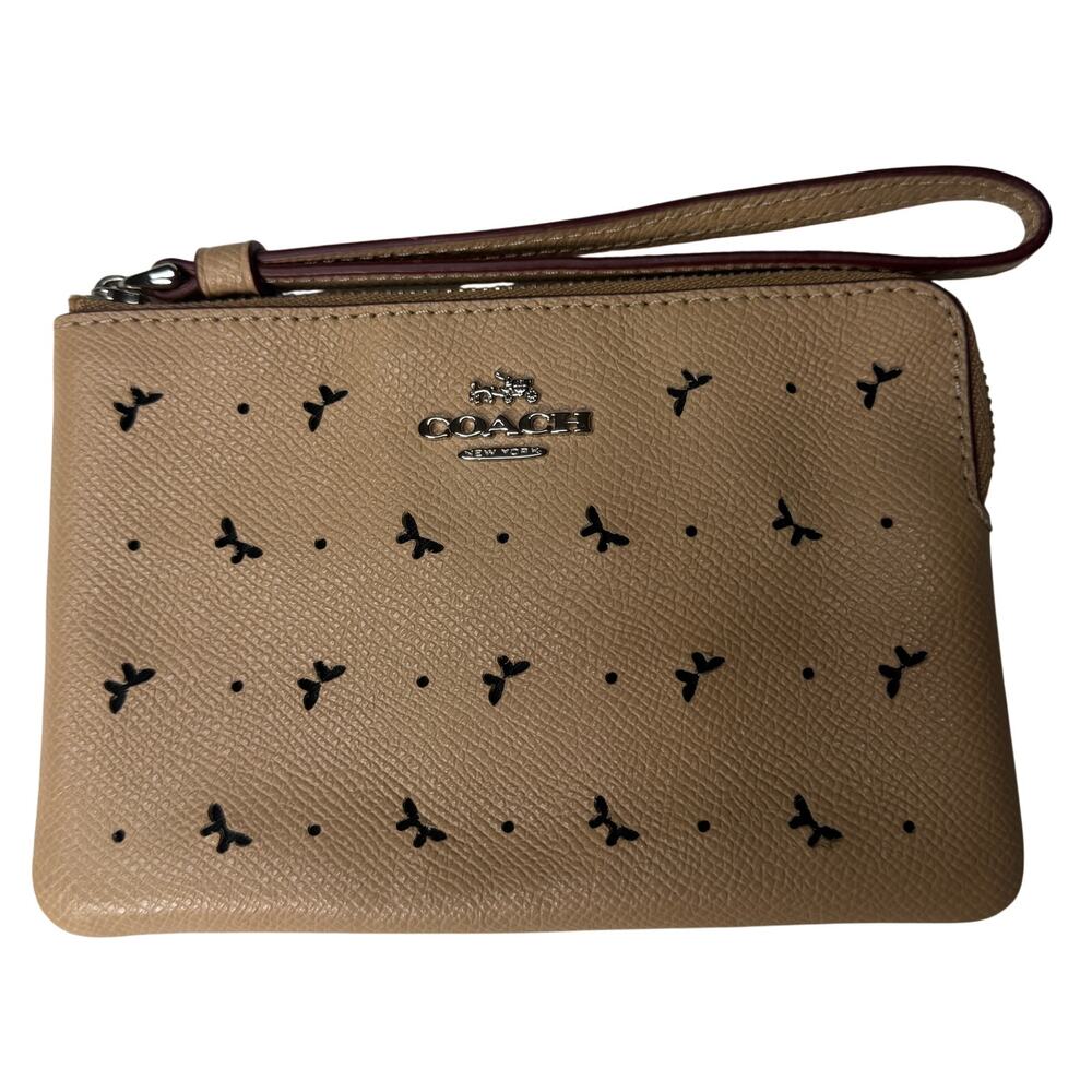 Coach Tan Pebbled Leather Bow Print Zip Wristlet Clutch Wallet Small EUC